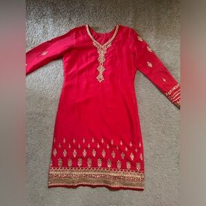 Chic Red and Gold Embroidered Midi Dress